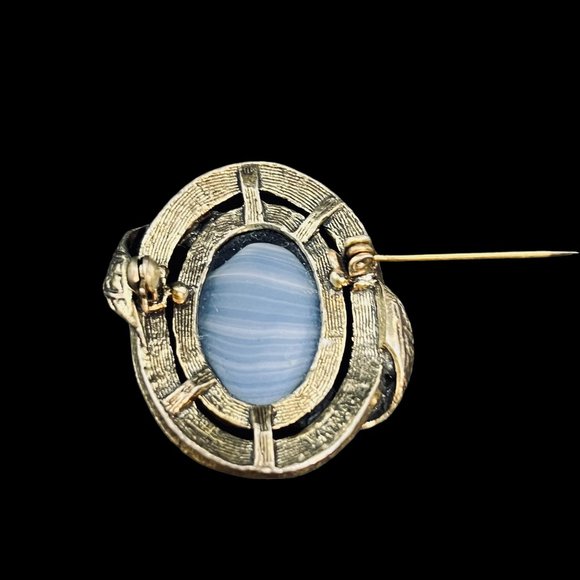 Vintage Silver Tone And Blue Swirl Glass Stone Brooch (4942) - Picture 4 of 6